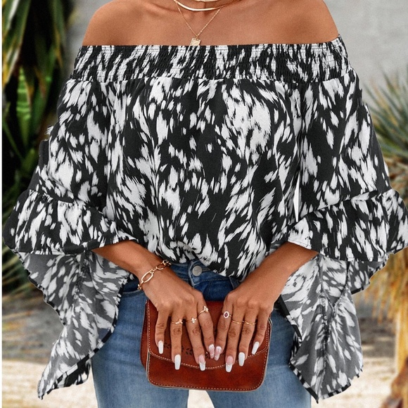 BellanBlue Tops - Leopard Print Off Shoulder Wide Sleeve Ruffle Blouse